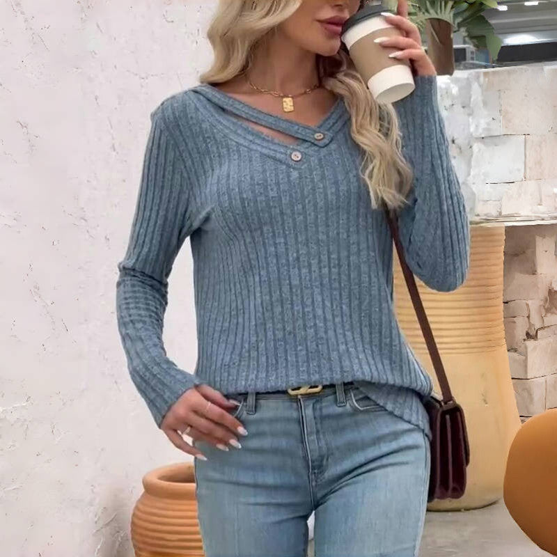 Eulalise | Pull élégant uni à col en V avec détails boutonnés pour femme