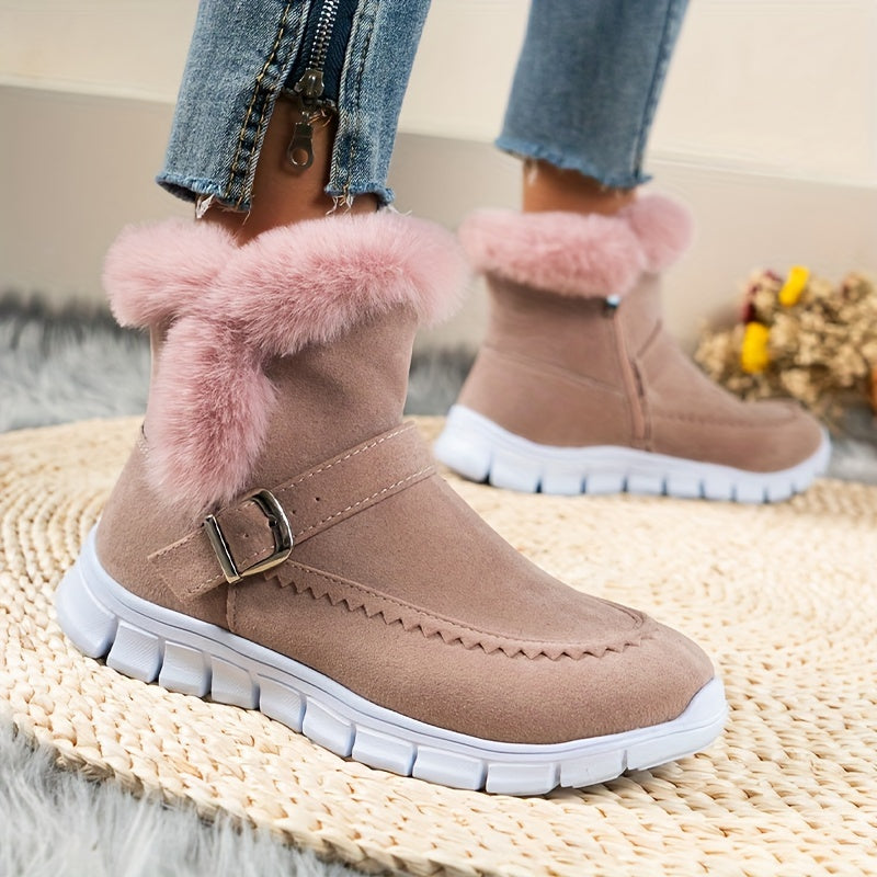 Atalée | Bottes Hiver Femme avec Fermeture Éclair Latérale, Détail Bride, Doublure Chaude & Fourrure Synthétique