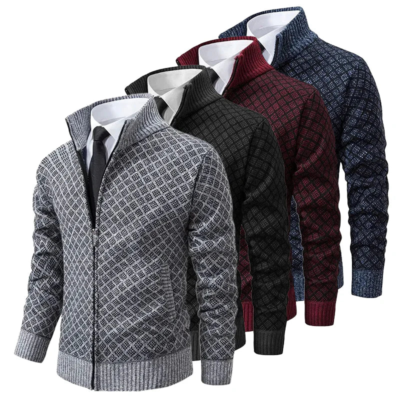 Classic Zip Cardigan Homme | Motif Géométrique Élégant et Confort Hivernal
