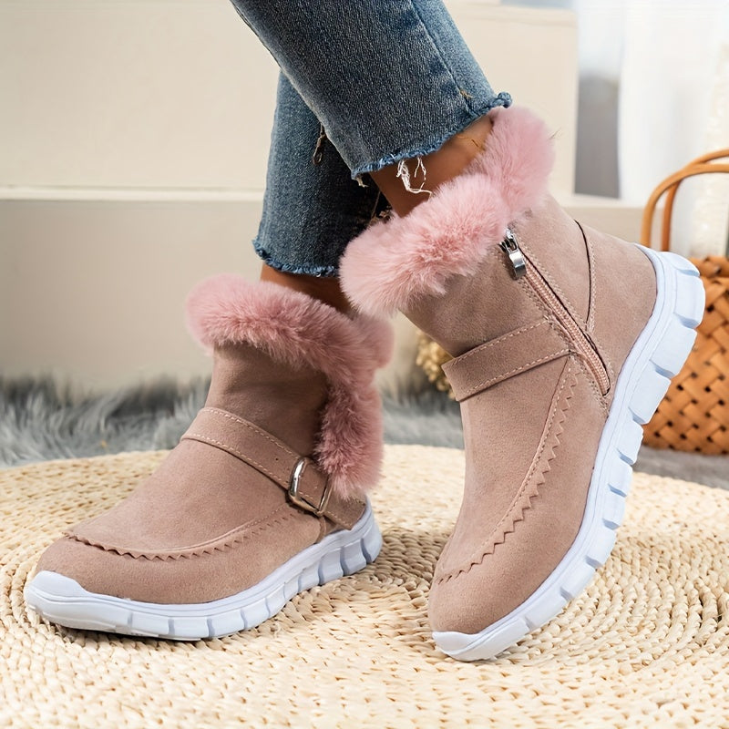Atalée | Bottes Hiver Femme avec Fermeture Éclair Latérale, Détail Bride, Doublure Chaude & Fourrure Synthétique