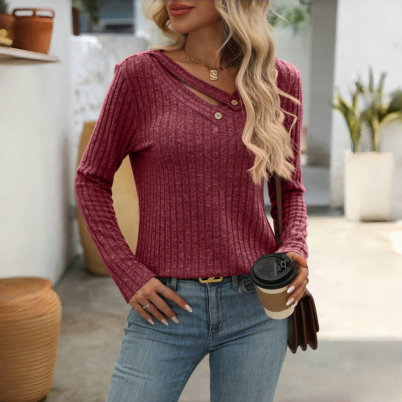 Eulalise | Pull élégant uni à col en V avec détails boutonnés pour femme