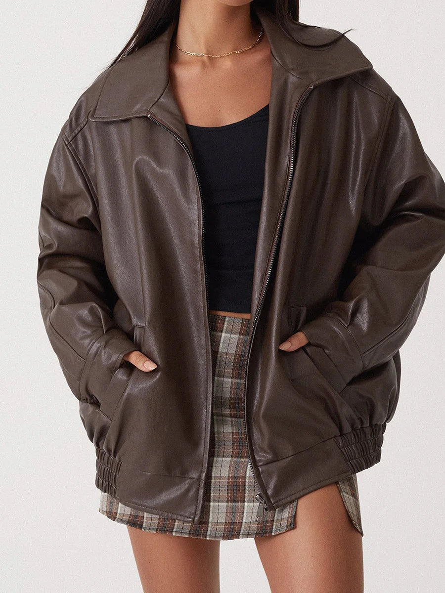 Vespera | Veste Bomber Oversize Femme en Similicuir avec Fermeture Éclair