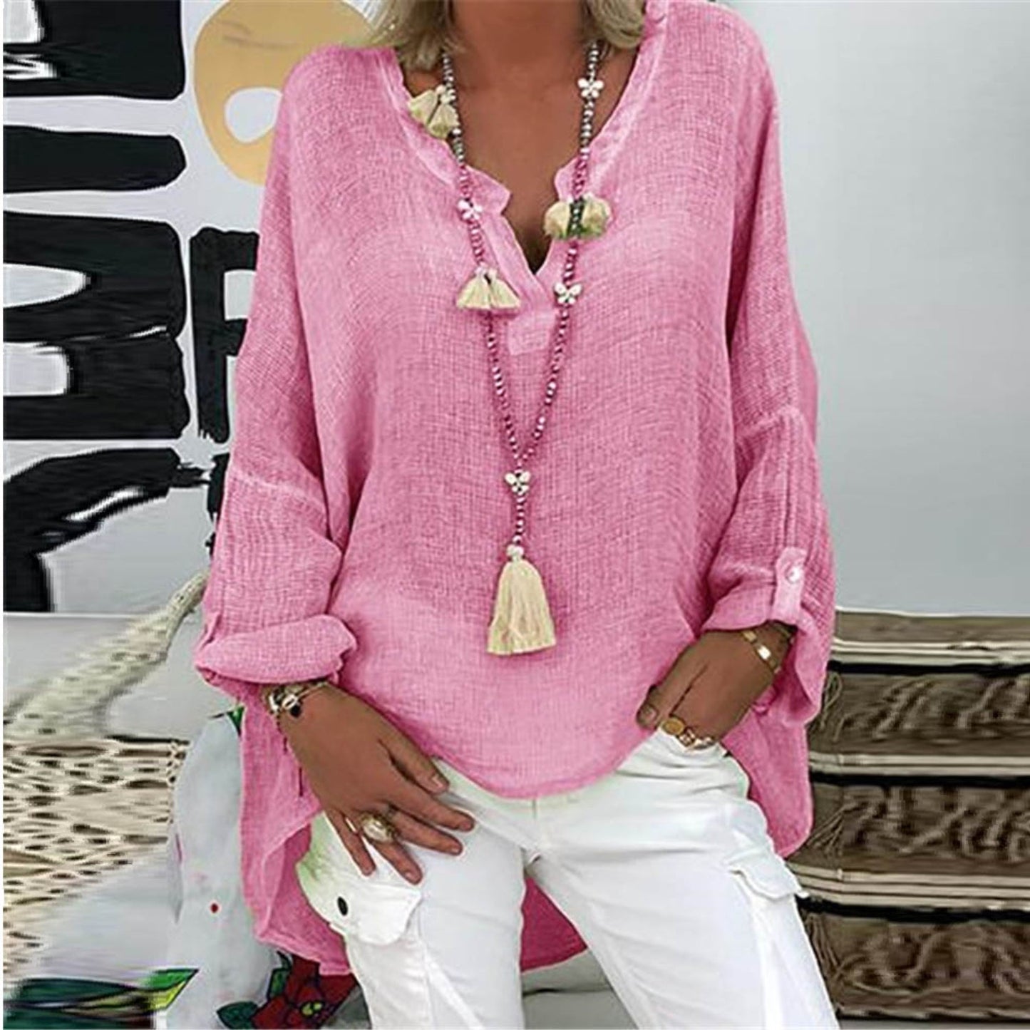 Aurore | Blouse d'Été Femme – Manches Longues, Col en V, Coupe Légère et Décontractée, Tissu en Lin