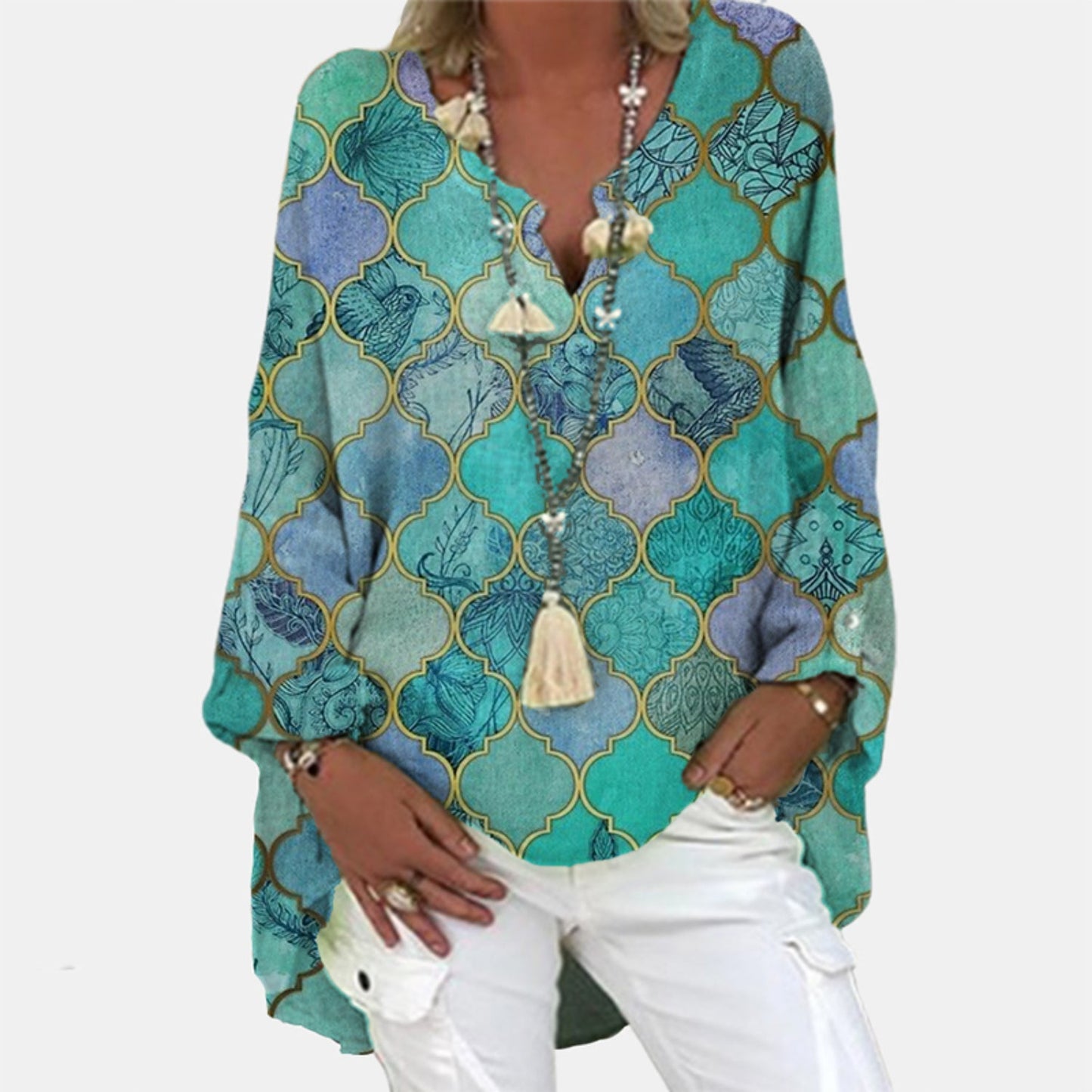 Aurore | Blouse d'Été Femme – Manches Longues, Col en V, Coupe Légère et Décontractée, Tissu en Lin