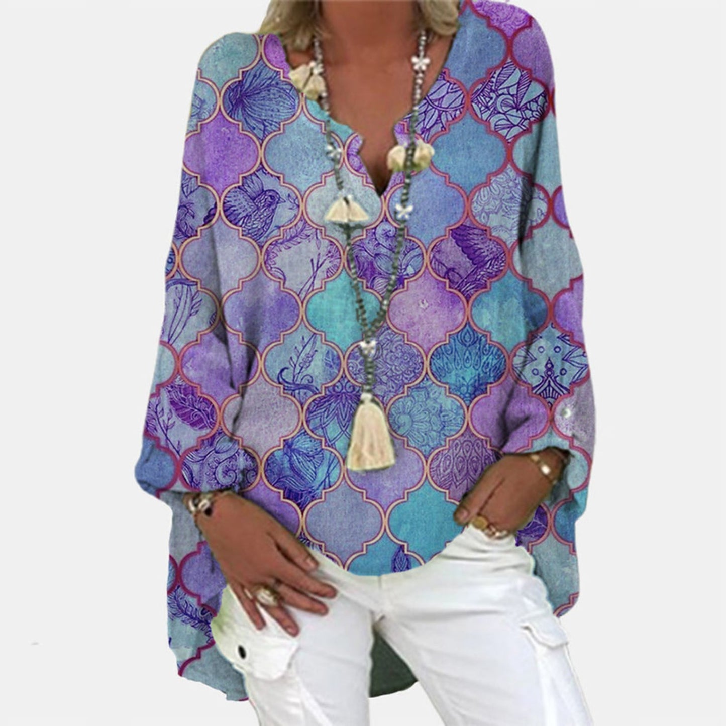 Aurore | Blouse d'Été Femme – Manches Longues, Col en V, Coupe Légère et Décontractée, Tissu en Lin