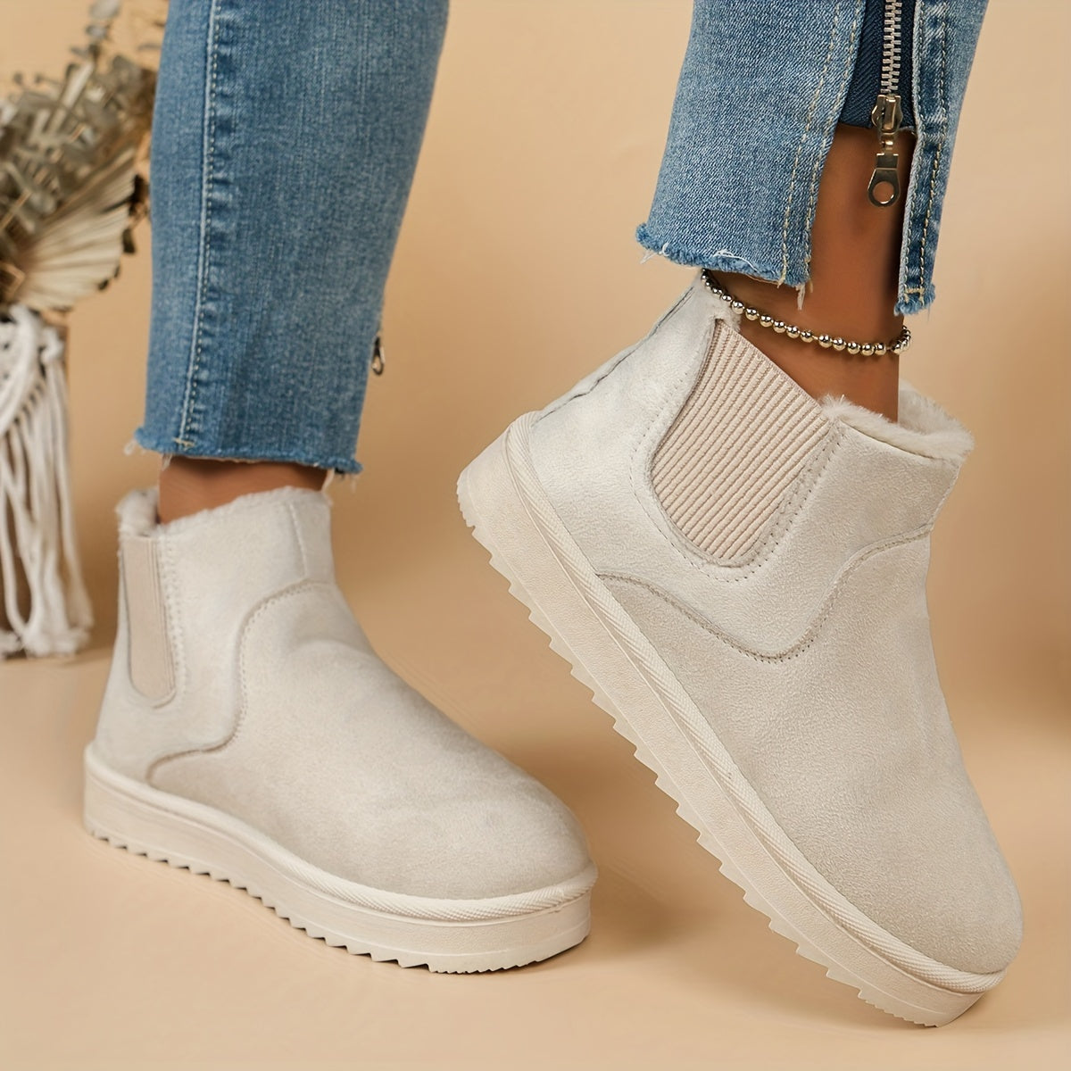 Audeline-Rose | Bottes Hiver Femme Slip-On avec Panneaux Élastiques & Doublure Chaude