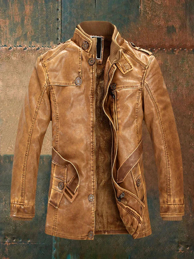 Lucas | Veste Homme Vintage en Cuir avec Ceinture, Doublure Chaude et Boutons Classiques