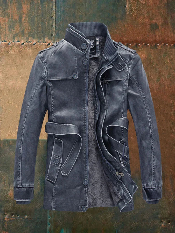 Lucas | Veste Homme Vintage en Cuir avec Ceinture, Doublure Chaude et Boutons Classiques