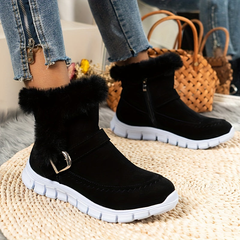 Atalée | Bottes Hiver Femme avec Fermeture Éclair Latérale, Détail Bride, Doublure Chaude & Fourrure Synthétique