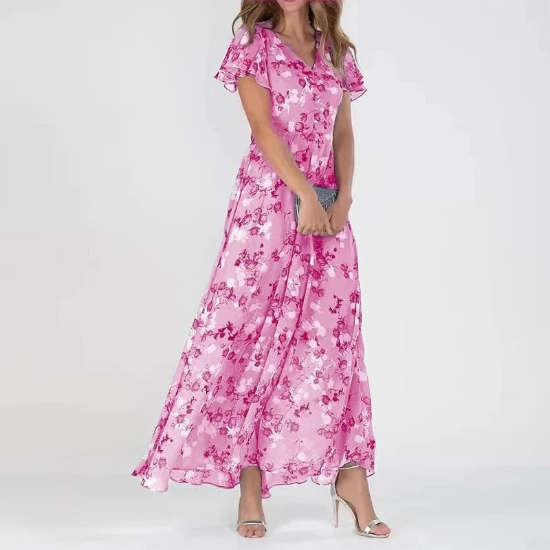 Océana | Robe Maxi à Volants Florale en Chiffon – Élégante et Aérée avec Col V pour Femme