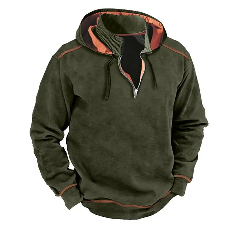 Horion | Sweat à Capuche Homme Relaxed Fit, Demi-Zip, Col Côtelé, Détails Contrastants