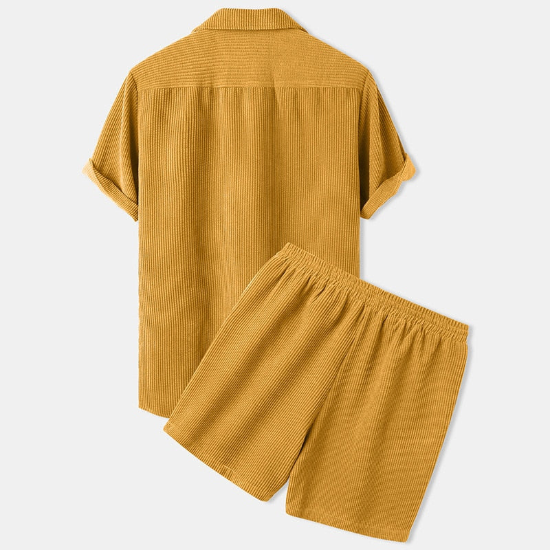 Osbert | Set Homme Été : Chemise Boutonnée à Col Revers Manches Courtes & Shorts à Taille Élastique avec Cordon