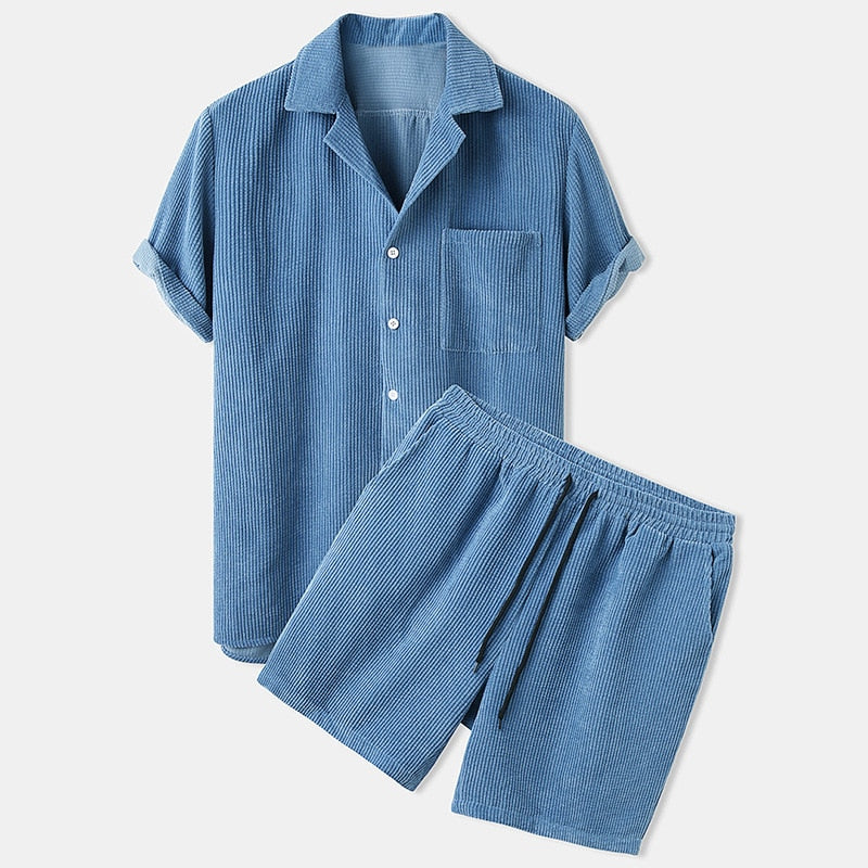 Osbert | Set Homme Été : Chemise Boutonnée à Col Revers Manches Courtes & Shorts à Taille Élastique avec Cordon