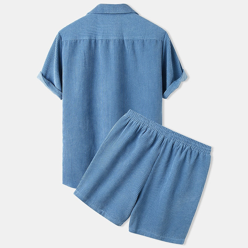 Osbert | Set Homme Été : Chemise Boutonnée à Col Revers Manches Courtes & Shorts à Taille Élastique avec Cordon