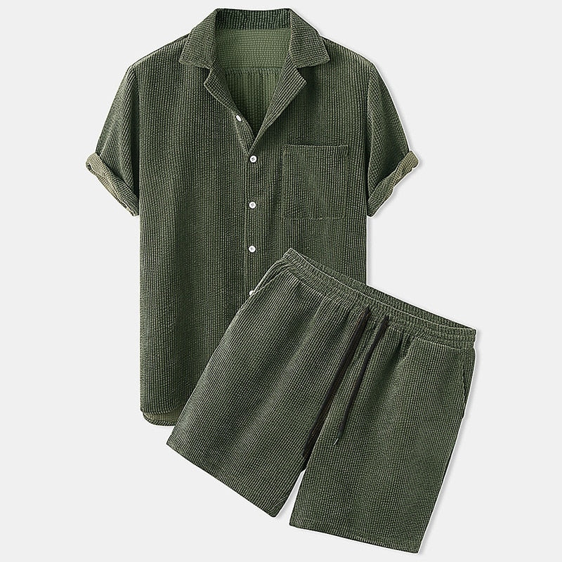 Osbert | Set Homme Été : Chemise Boutonnée à Col Revers Manches Courtes & Shorts à Taille Élastique avec Cordon