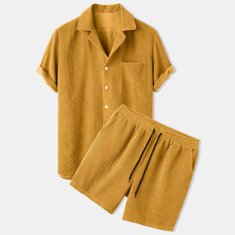Osbert | Set Homme Été : Chemise Boutonnée à Col Revers Manches Courtes & Shorts à Taille Élastique avec Cordon