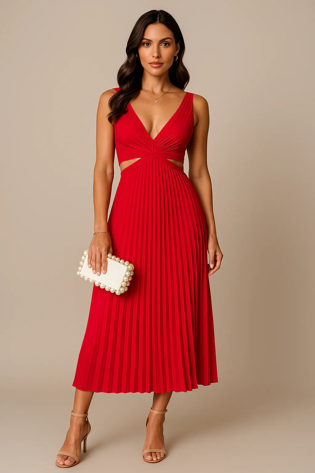 Liorane | Robe Midi Plissée Femme Décolleté Profond et Taille Découpée Élégante
