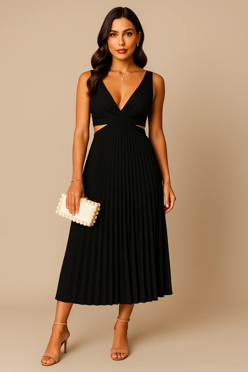 Liorane | Robe Midi Plissée Femme Décolleté Profond et Taille Découpée Élégante