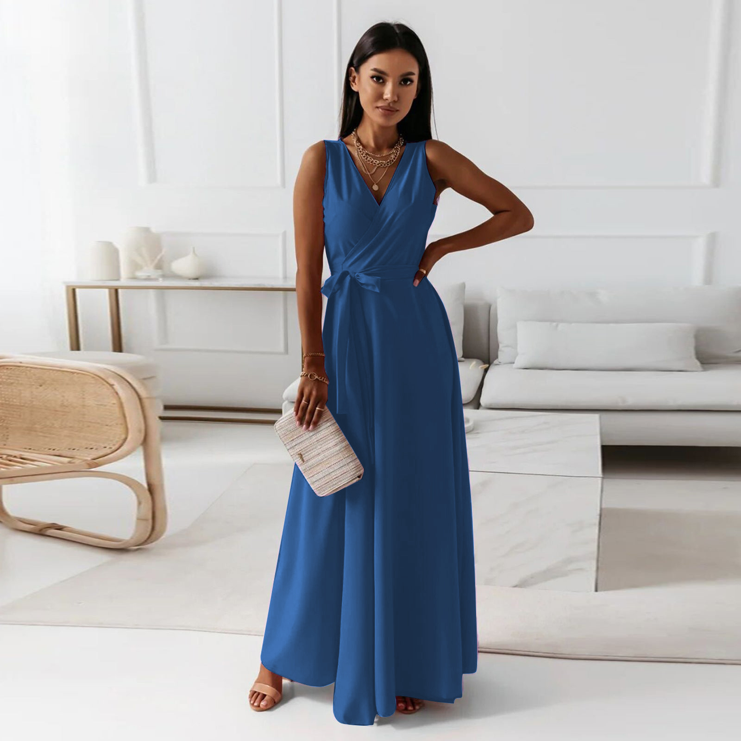 Fantine | Robe Maxi Femme Élégante Sans Manches Ceinture Taille Col V