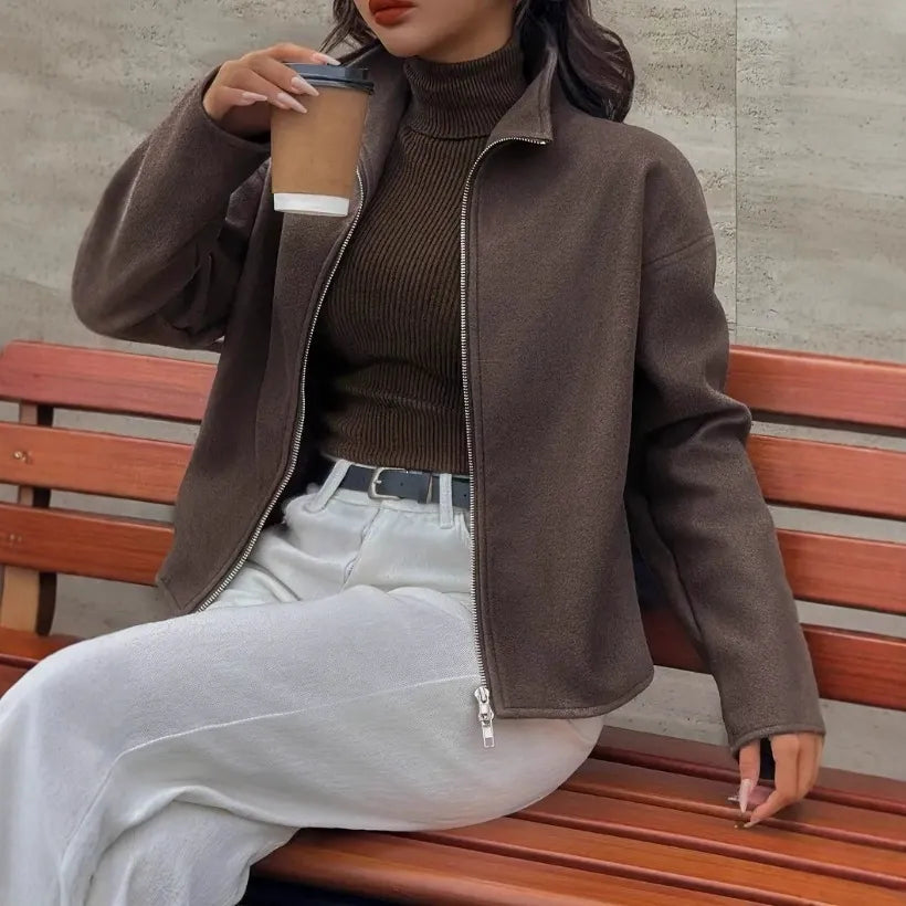 Filia | Veste Femme Marron Courte, Coupe Décontractée, Col Montant, Fermeture Éclair