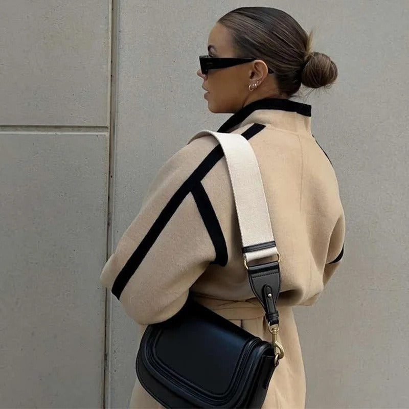 Géraldine | Blazer Manteau Femme Khaki avec Ceinture à Nouer et Détails Contrastés