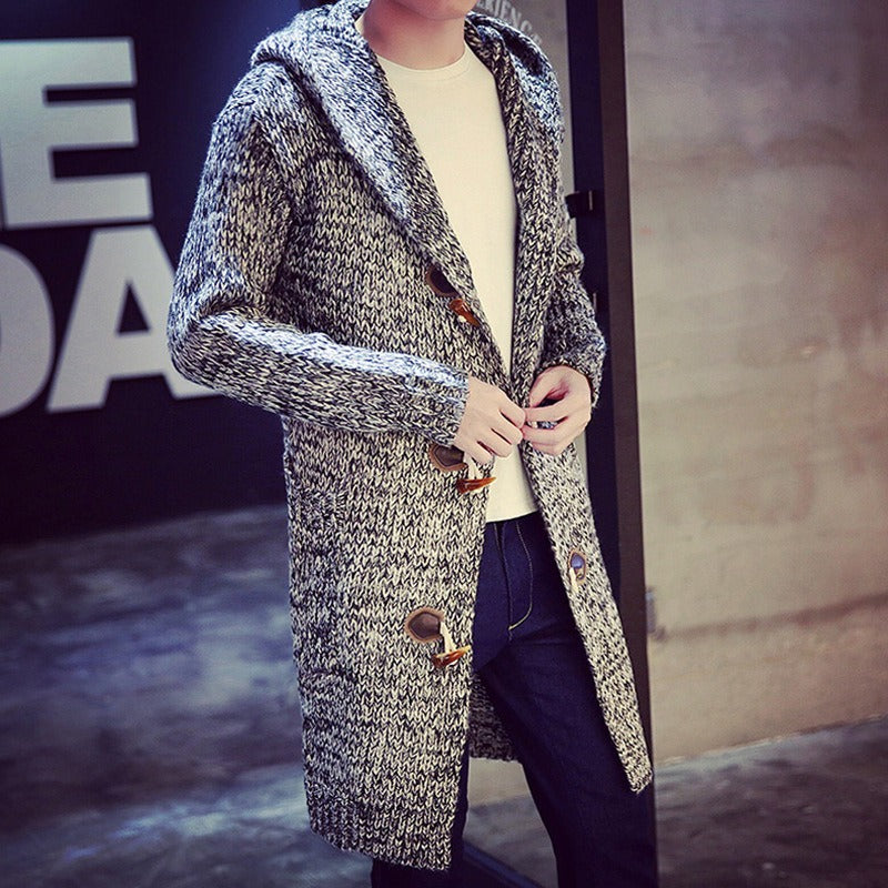 Gregor | Cardigan Homme Long à Capuche Tricoté Fermeture à Boutons Bois Poches