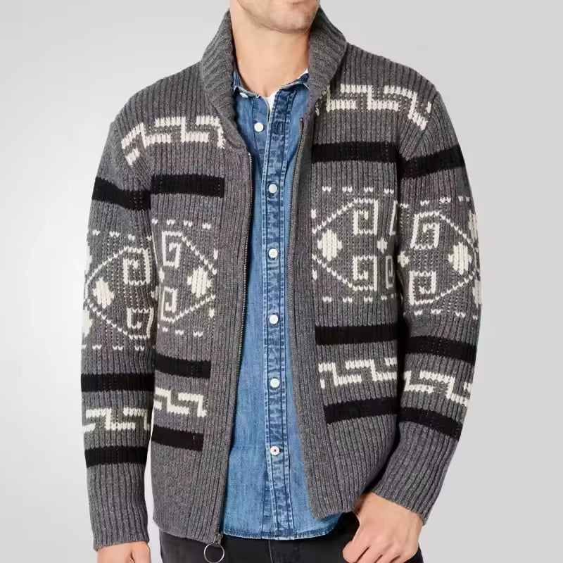 Oakmere – Gilet Homme en Laine Mélangée à Motif Tribal, Coupe Regular avec Fermeture Zippée et Col Revers
