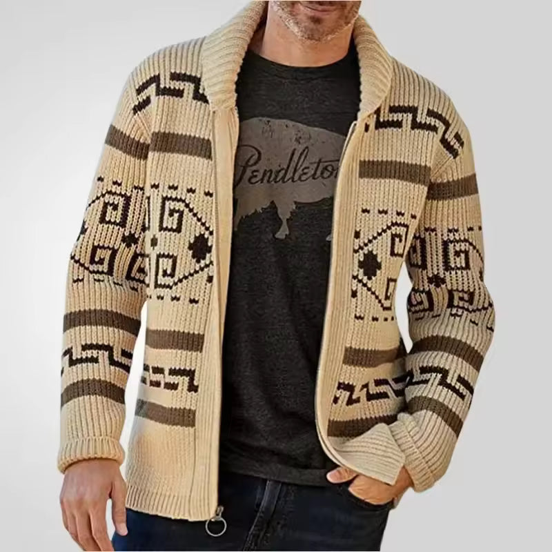 Oakmere – Gilet Homme en Laine Mélangée à Motif Tribal, Coupe Regular avec Fermeture Zippée et Col Revers