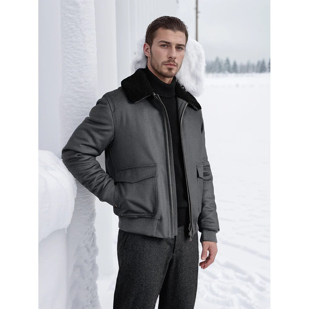Aurel | Bomber Homme Chic en Laine Mélangée avec Col Shearling, Fermeture Zip Double Sens et Bords-Côtes