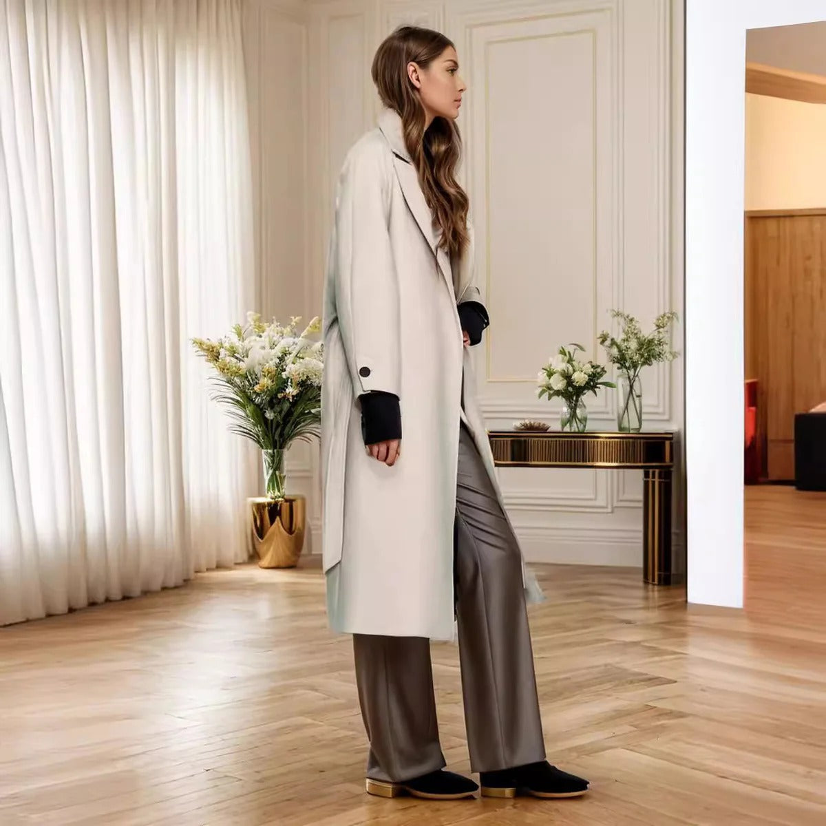 Fantine | Trench Coat Femme Midi, Coupe Décontractée, Ceinture à Nouer, Revers Classiques