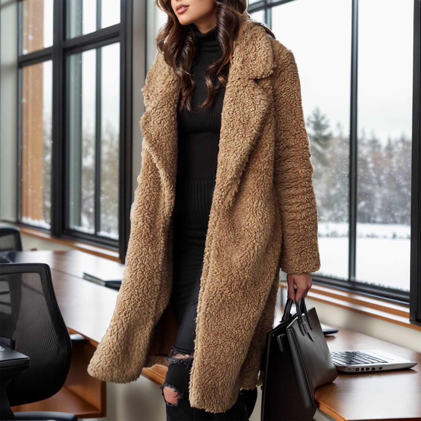 Eustelle | Manteau Femme Mi-Long Relaxed Fit, Texture Teddy Douce, Ouverture Frontale