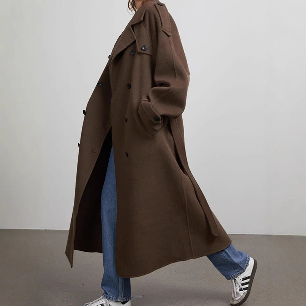 Eugénie – Trench Coat Long Femme Oversize, Double-Boutonnage, Ceinture Taille, Col à Revers Élégant