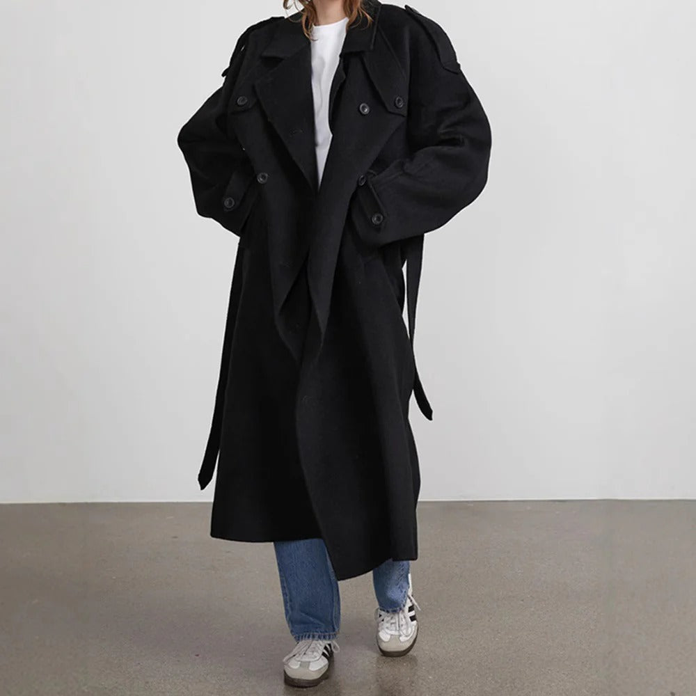 Eugénie – Trench Coat Long Femme Oversize, Double-Boutonnage, Ceinture Taille, Col à Revers Élégant