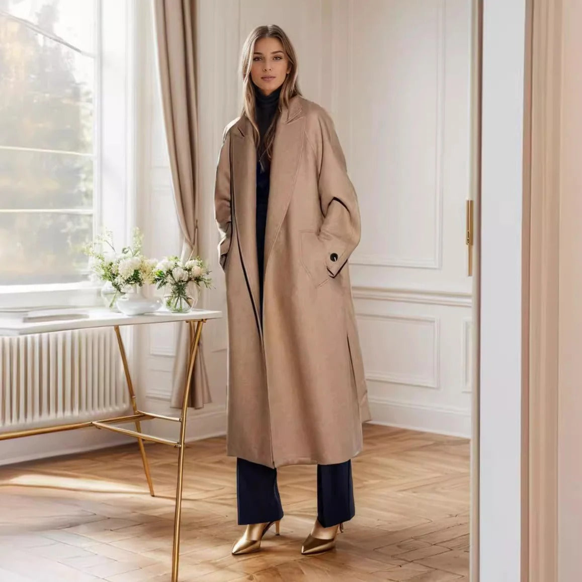 Fantine | Trench Coat Femme Midi, Coupe Décontractée, Ceinture à Nouer, Revers Classiques