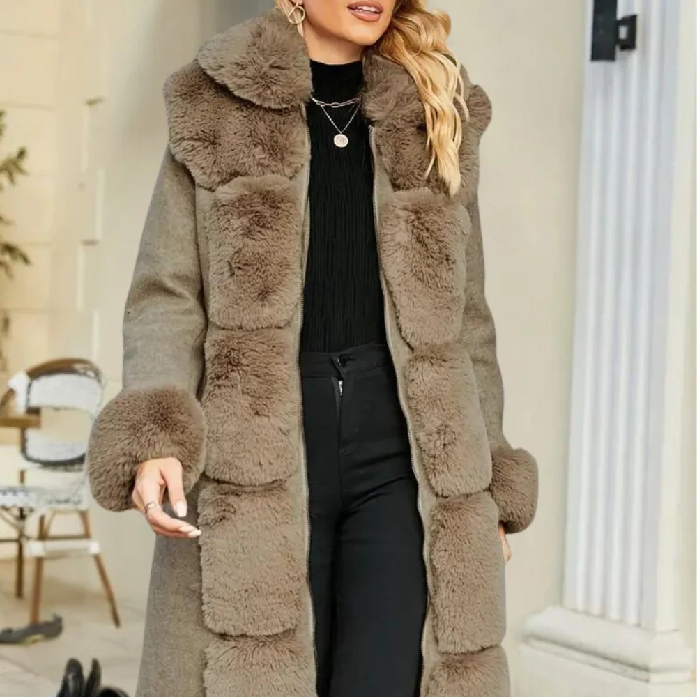 Ghislaine | Trench Coat Femme Laine Mélangée avec Ceinture, Doublure Matelassée et Col en Fausse Fourrure