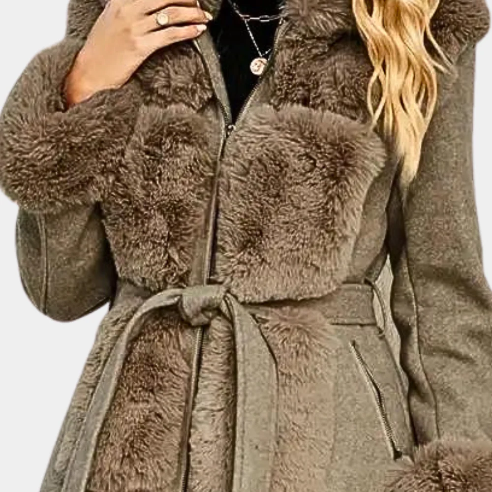 Ghislaine | Trench Coat Femme Laine Mélangée avec Ceinture, Doublure Matelassée et Col en Fausse Fourrure