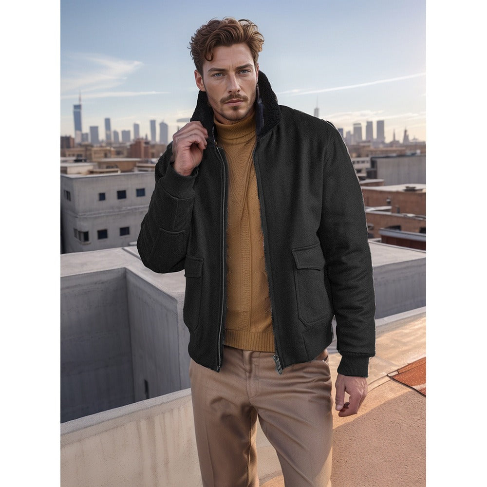 Aurel | Bomber Homme Chic en Laine Mélangée avec Col Shearling, Fermeture Zip Double Sens et Bords-Côtes