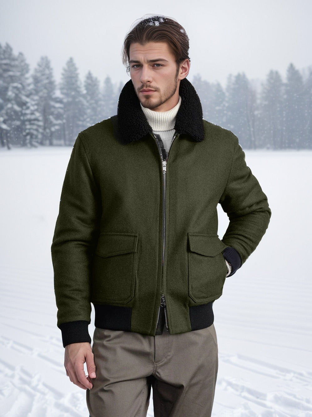 Aurel | Bomber Homme Chic en Laine Mélangée avec Col Shearling, Fermeture Zip Double Sens et Bords-Côtes