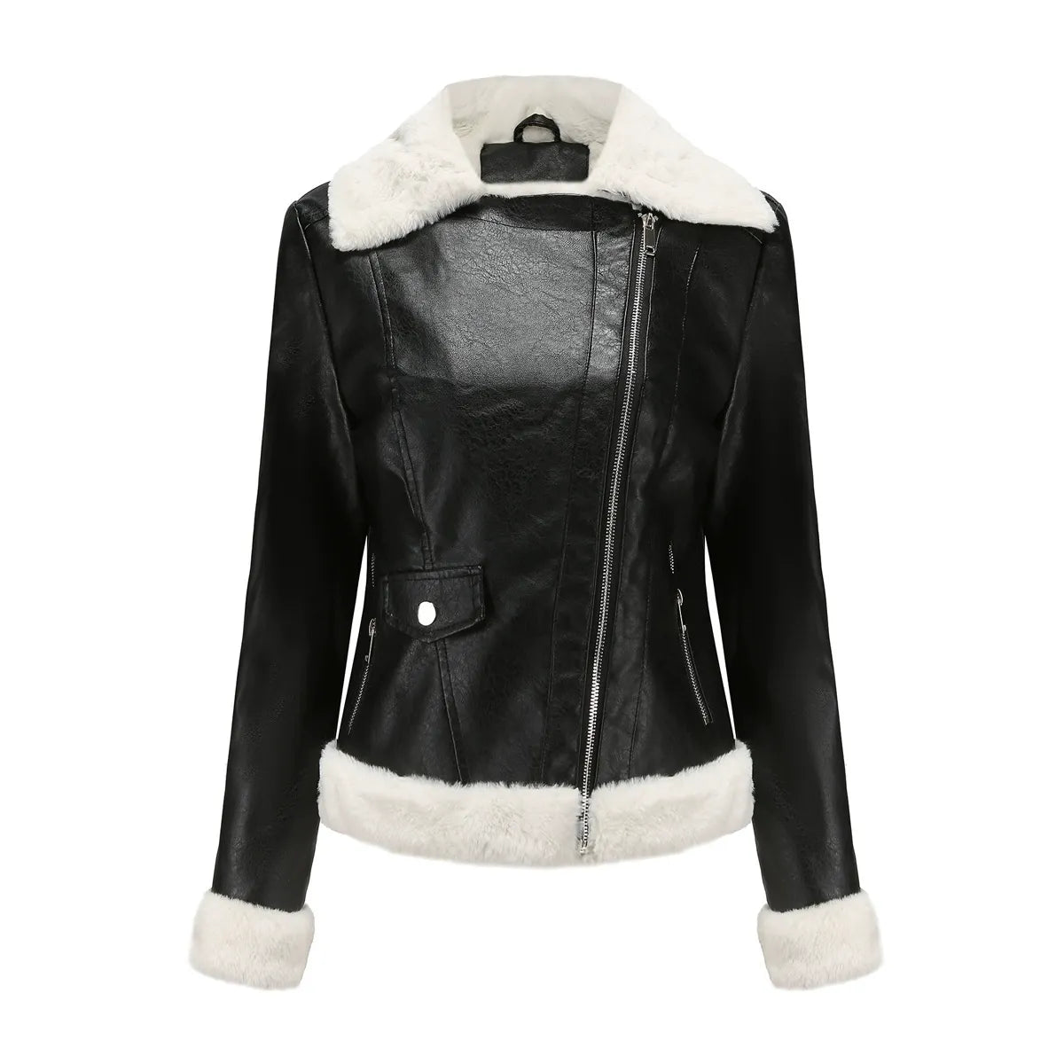 Jeanne | Veste Femme Imitation Cuir avec Doublure Fourrure, Zip Asymétrique & Coupe Cintrée