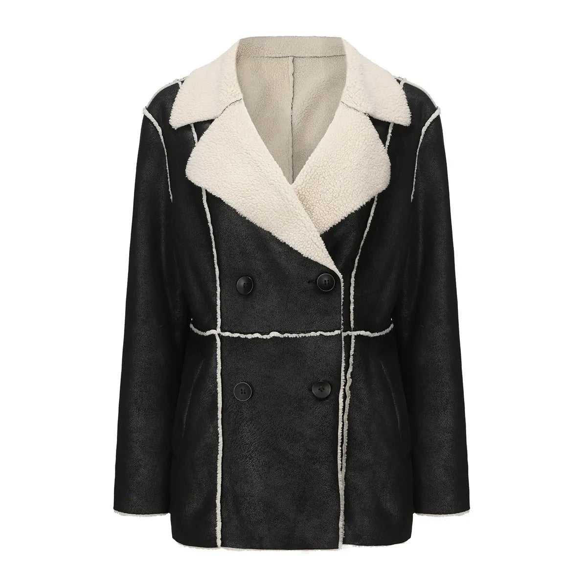 Jehanne | Manteau Femme Hiver Imitation Daim, Col à Revers, Mi-Long, Double Boutonnage & Doublure Chaude Sherpa
