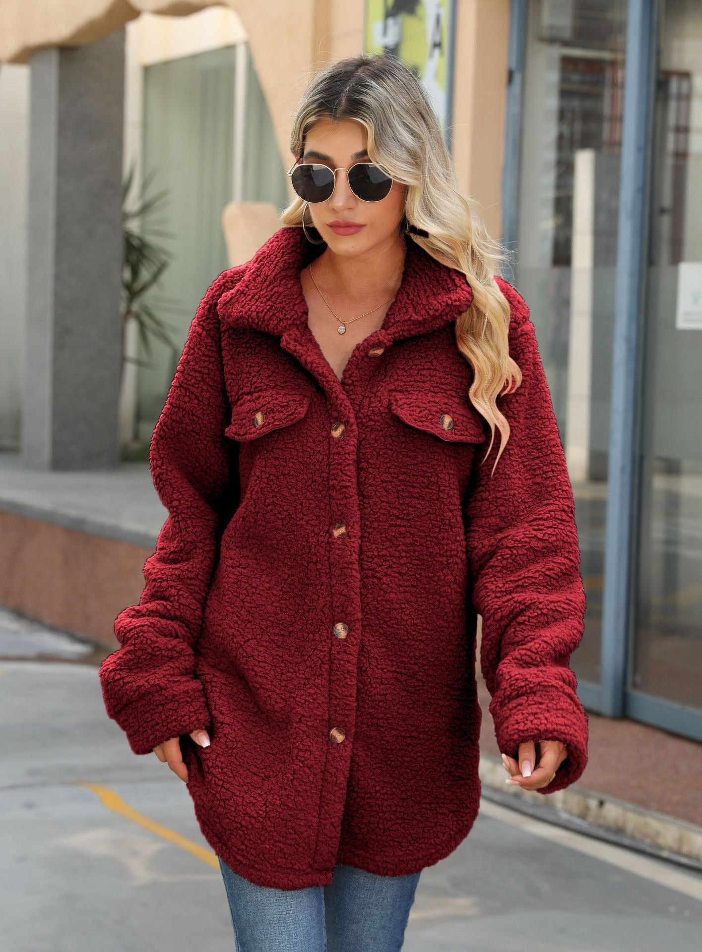 Garance | Shacket Femme Oversized en Teddy Fleece Poches Patch Long
