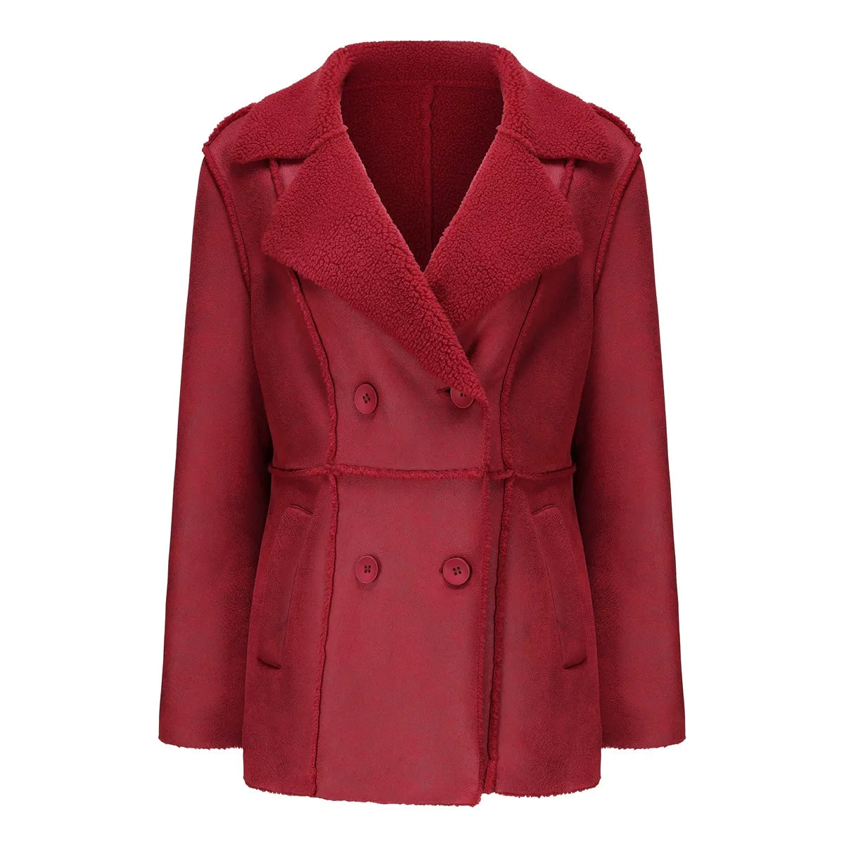 Jehanne | Manteau Femme Hiver Imitation Daim, Col à Revers, Mi-Long, Double Boutonnage & Doublure Chaude Sherpa