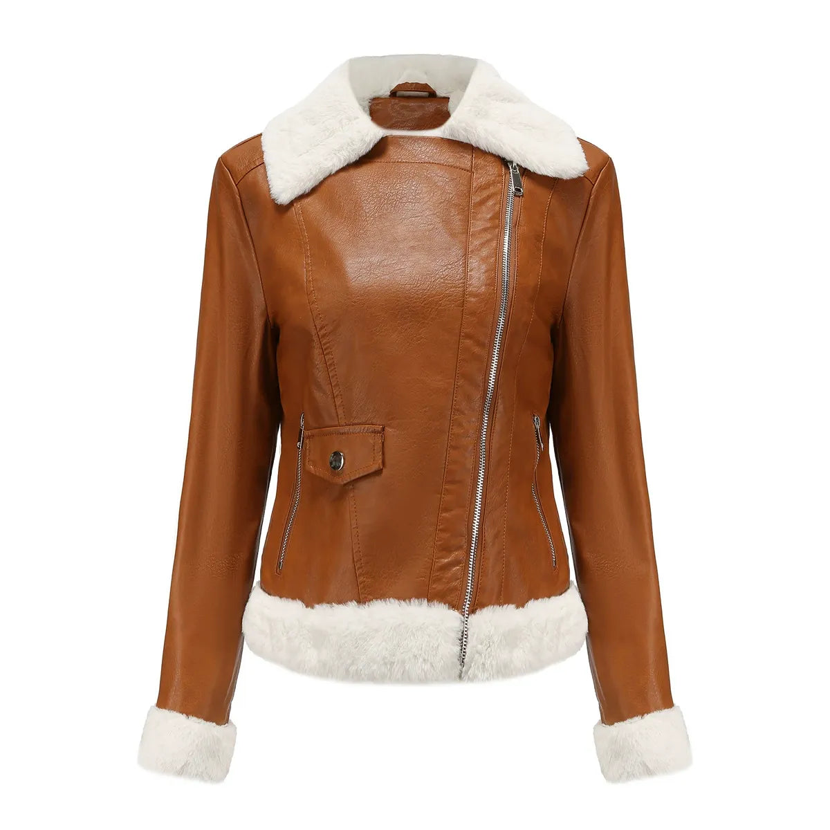 Jeanne | Veste Femme Imitation Cuir avec Doublure Fourrure, Zip Asymétrique & Coupe Cintrée