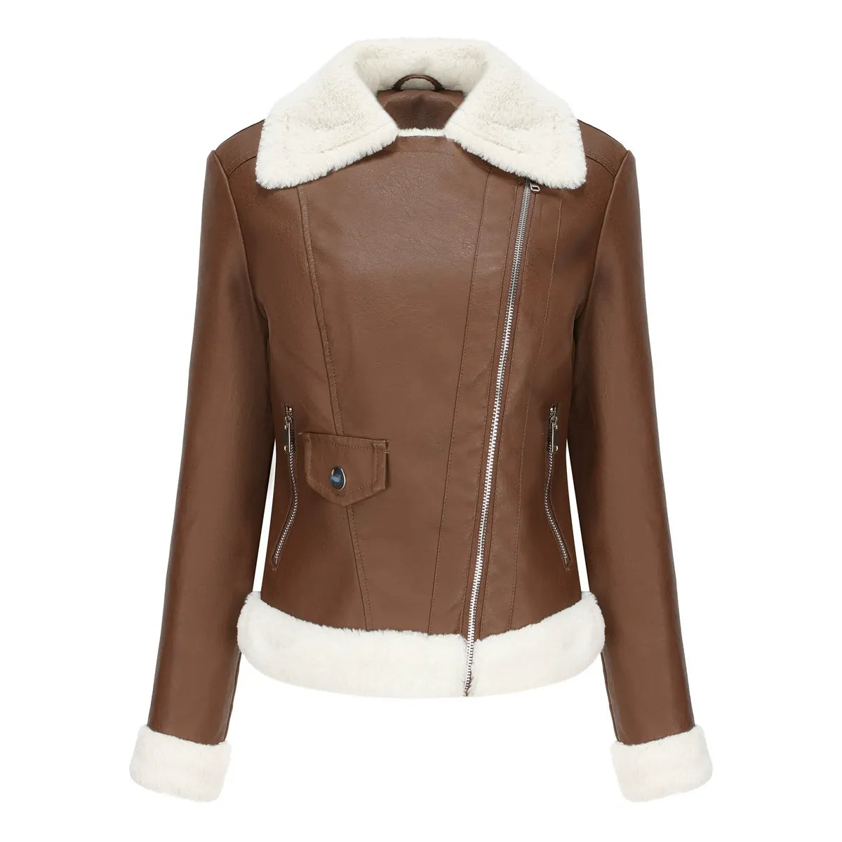 Jeanne | Veste Femme Imitation Cuir avec Doublure Fourrure, Zip Asymétrique & Coupe Cintrée