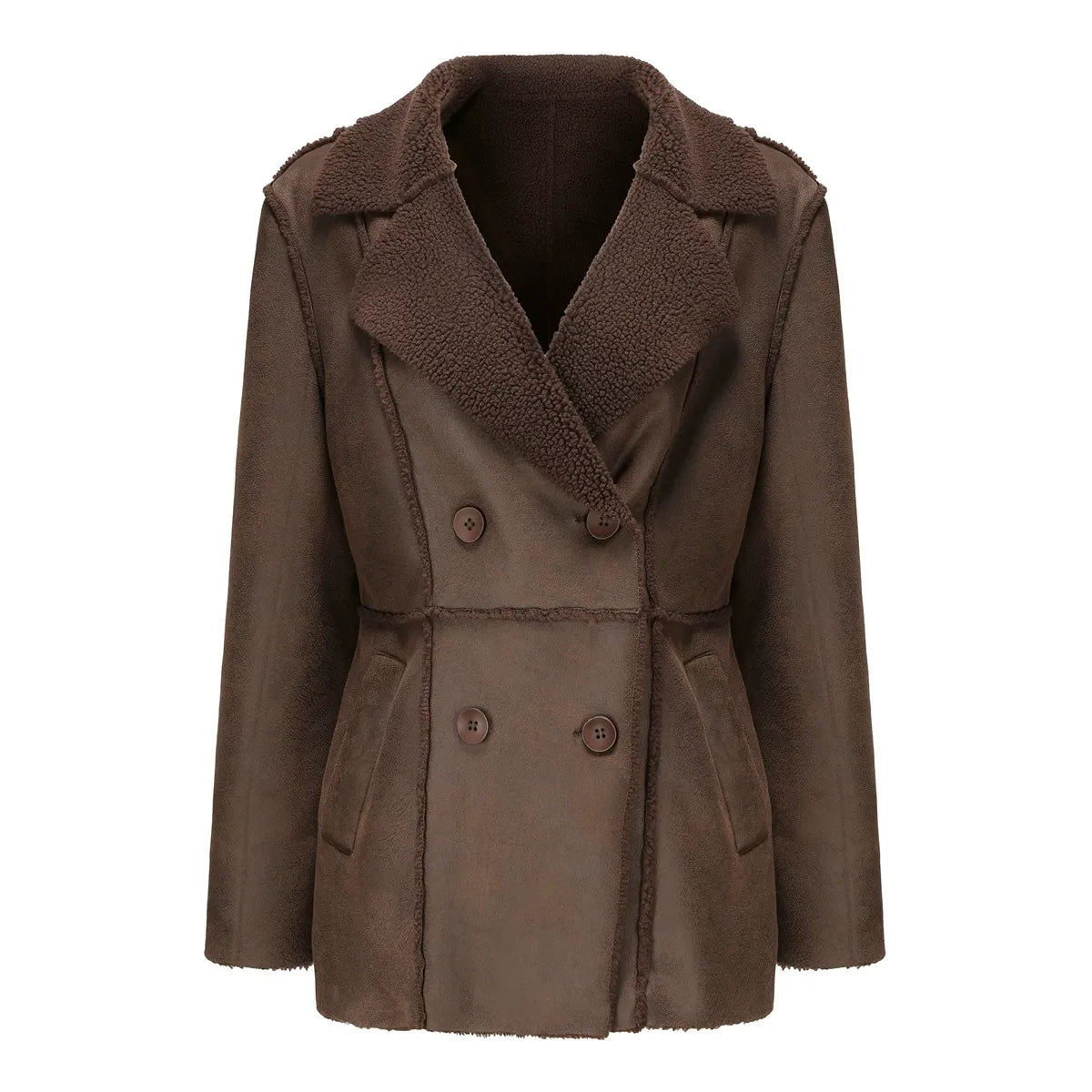 Jehanne | Manteau Femme Hiver Imitation Daim, Col à Revers, Mi-Long, Double Boutonnage & Doublure Chaude Sherpa