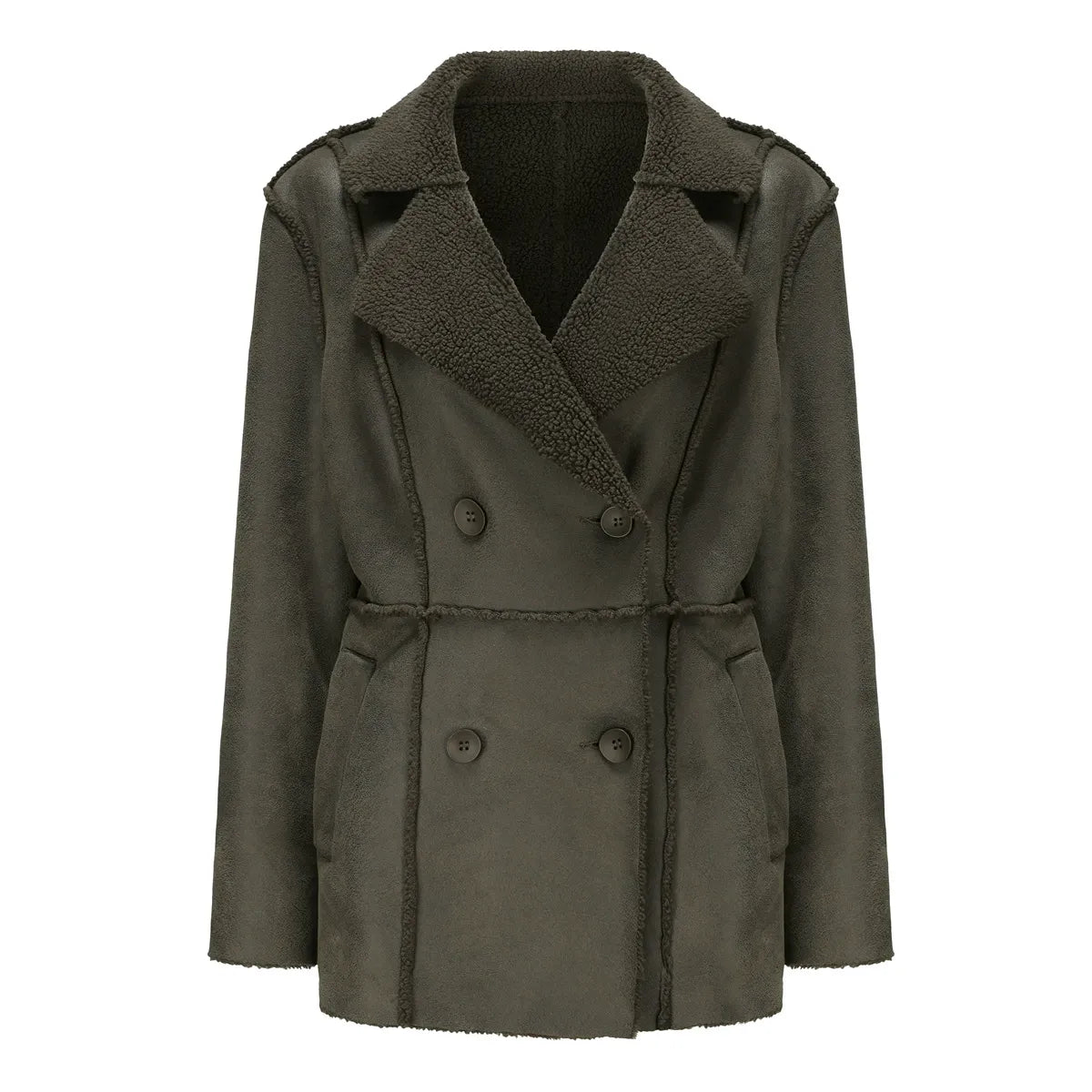 Jehanne | Manteau Femme Hiver Imitation Daim, Col à Revers, Mi-Long, Double Boutonnage & Doublure Chaude Sherpa