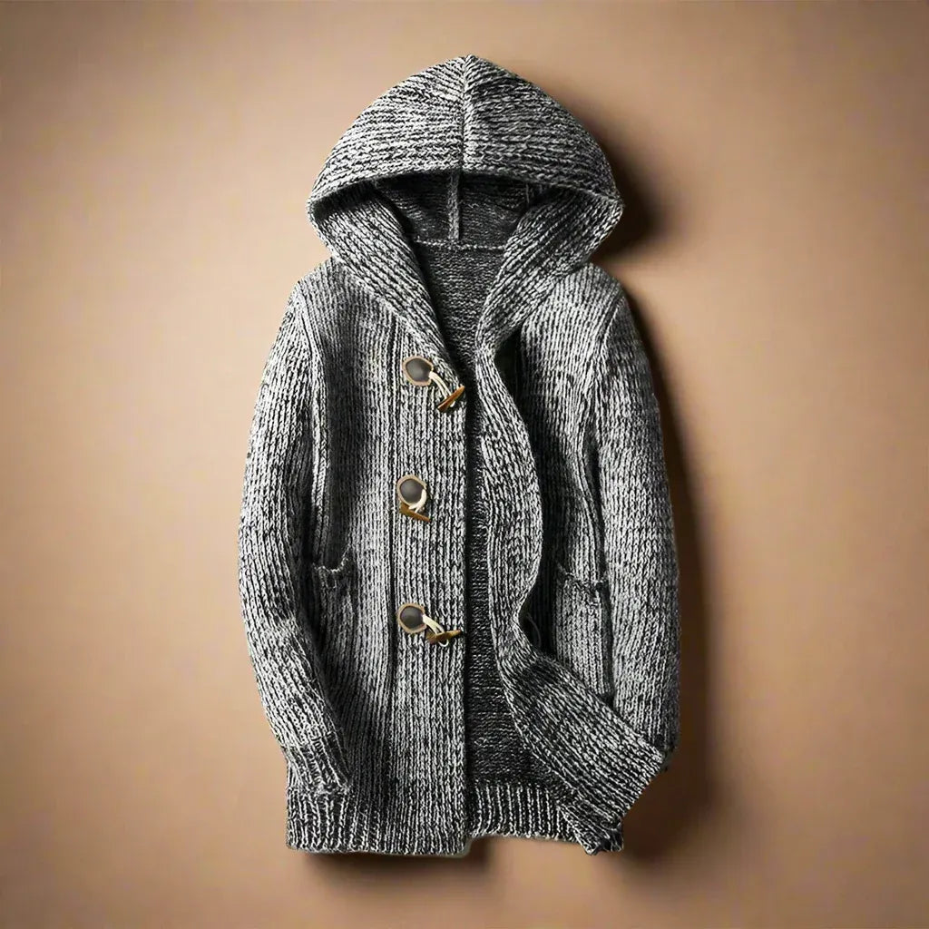 Gregor | Cardigan Homme Long à Capuche Tricoté Fermeture à Boutons Bois Poches