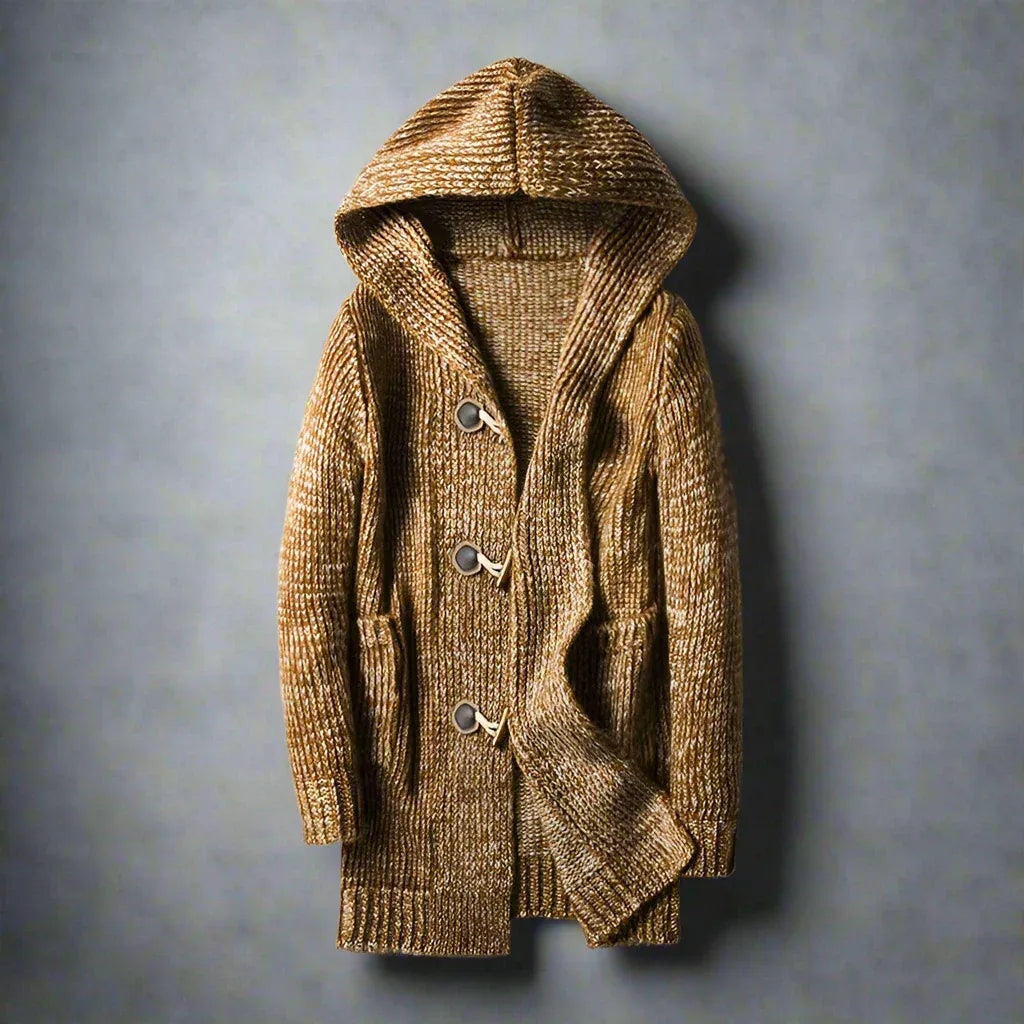 Gregor | Cardigan Homme Long à Capuche Tricoté Fermeture à Boutons Bois Poches