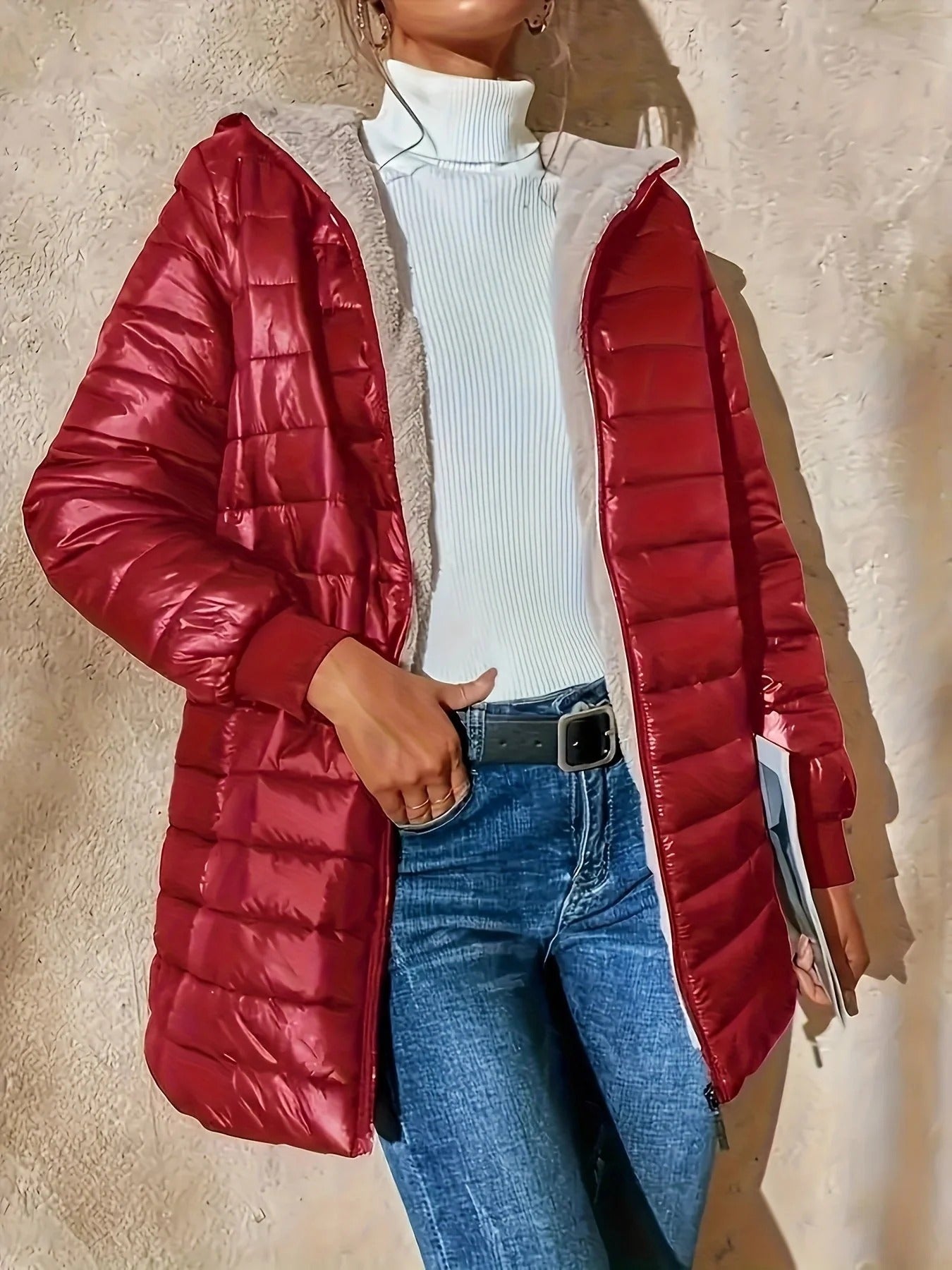 Léna | Manteau Long Femme Matelassé avec Doublure Polaire, Coupe Décontractée & Finitions Côtelées à Zip