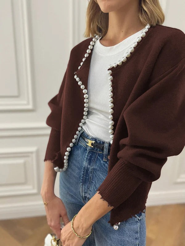 Lauriane | Gilet Femme Élégant en Maille, Coupe Décontractée avec Bordures Perles et Finition Brute